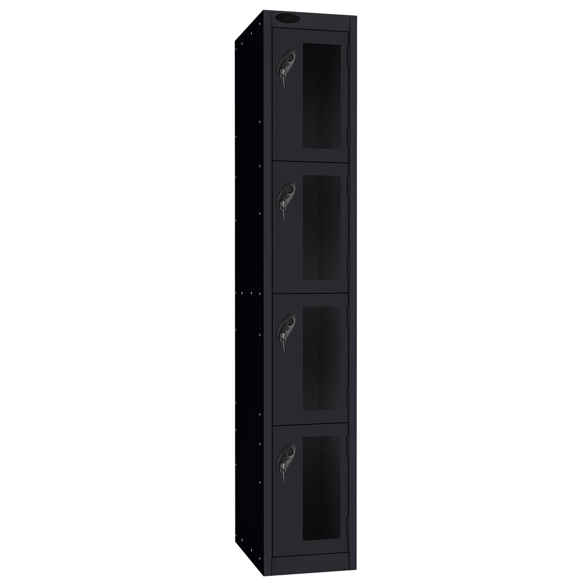 Probe Vision Panel Metric Locker — 4 Door, Flat Top, 300mm — Black Carcass / Black Doors