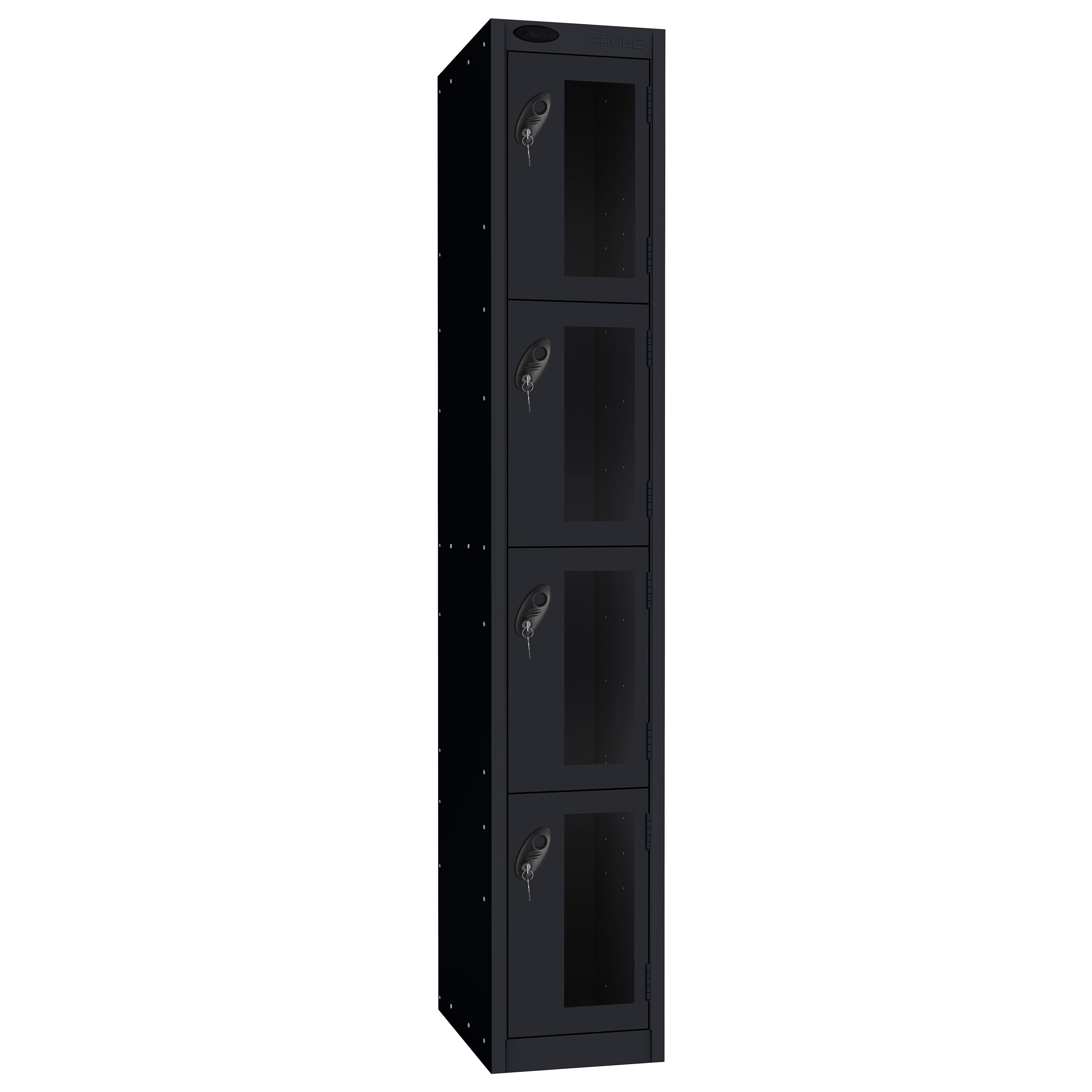 Probe Vision Panel Metric Locker — 4 Door, Flat Top, 300mm — Black Carcass / Black Doors