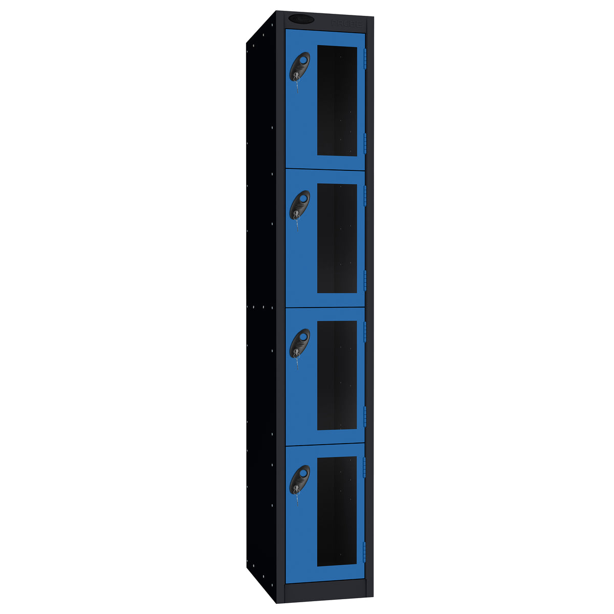 Probe Vision Panel Metric Locker — 4 Door, Flat Top, 300mm — Black Carcass / Blue Doors