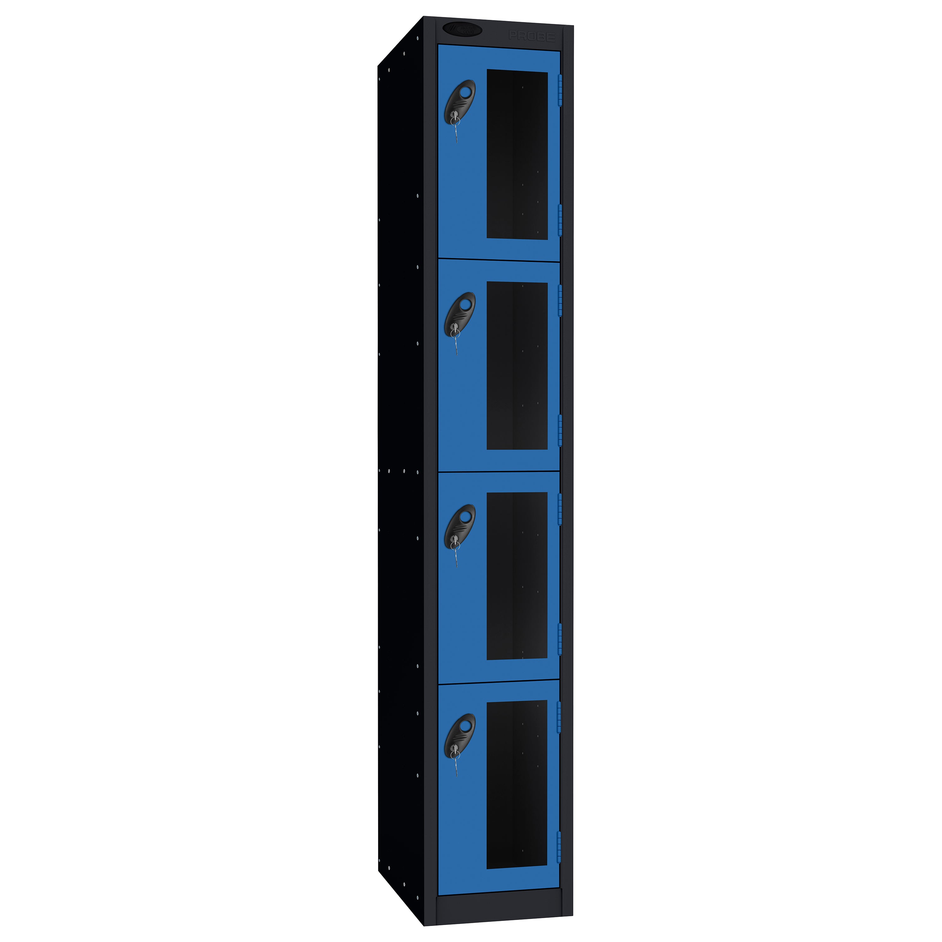 Probe Vision Panel Metric Locker — 4 Door, Flat Top, 300mm — Black Carcass / Blue Doors