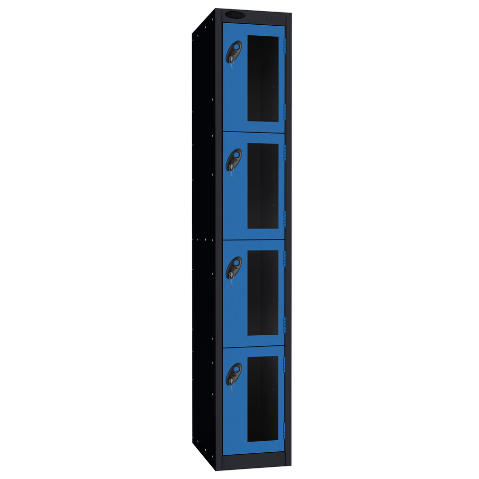 Probe Vision Panel Metric Locker — 4 Door, Flat Top, 300mm — Black Carcass / Blue Doors
