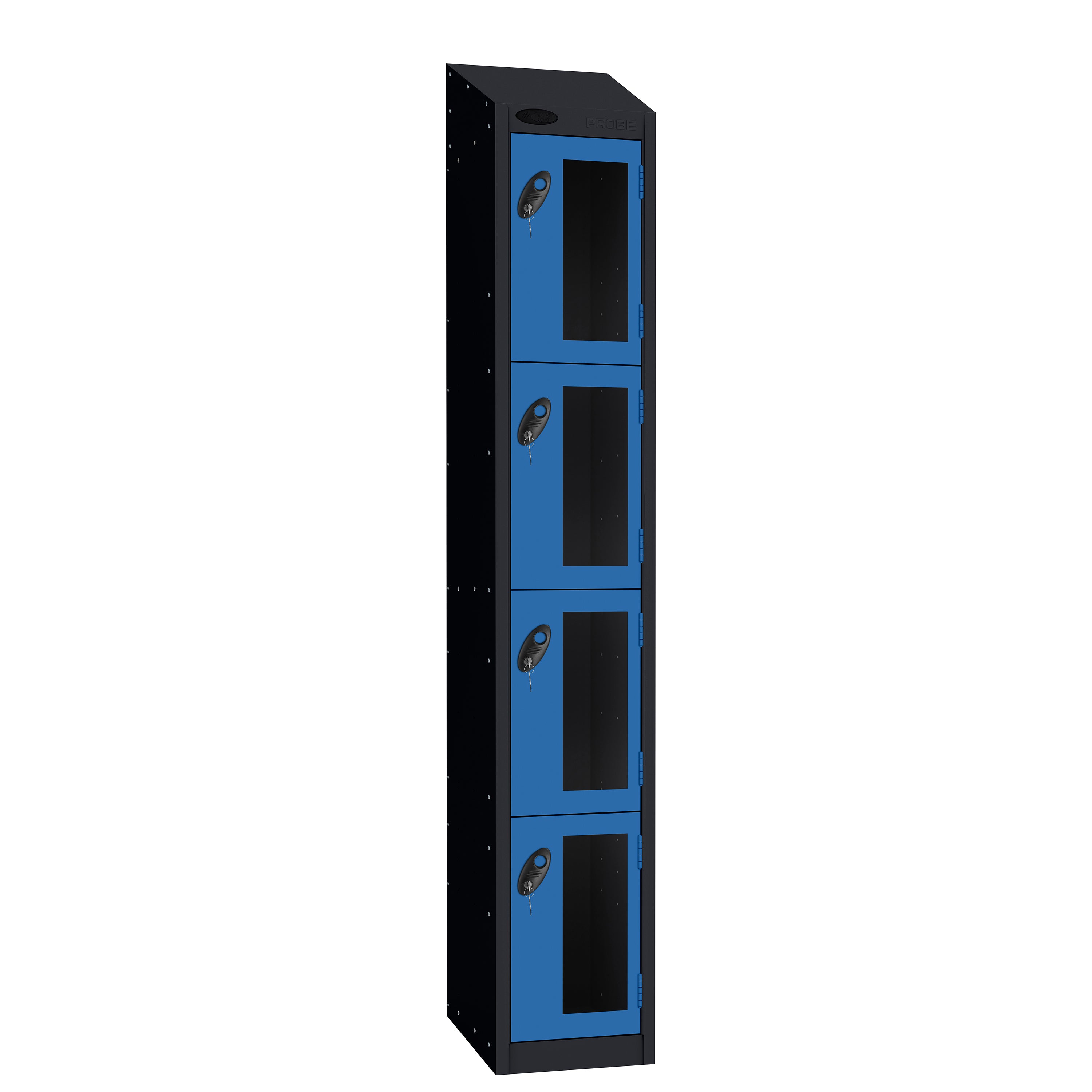 Probe Vision Panel Metric Locker — 4 Door, Sloping Top, 300mm — Black Carcass / Blue Doors