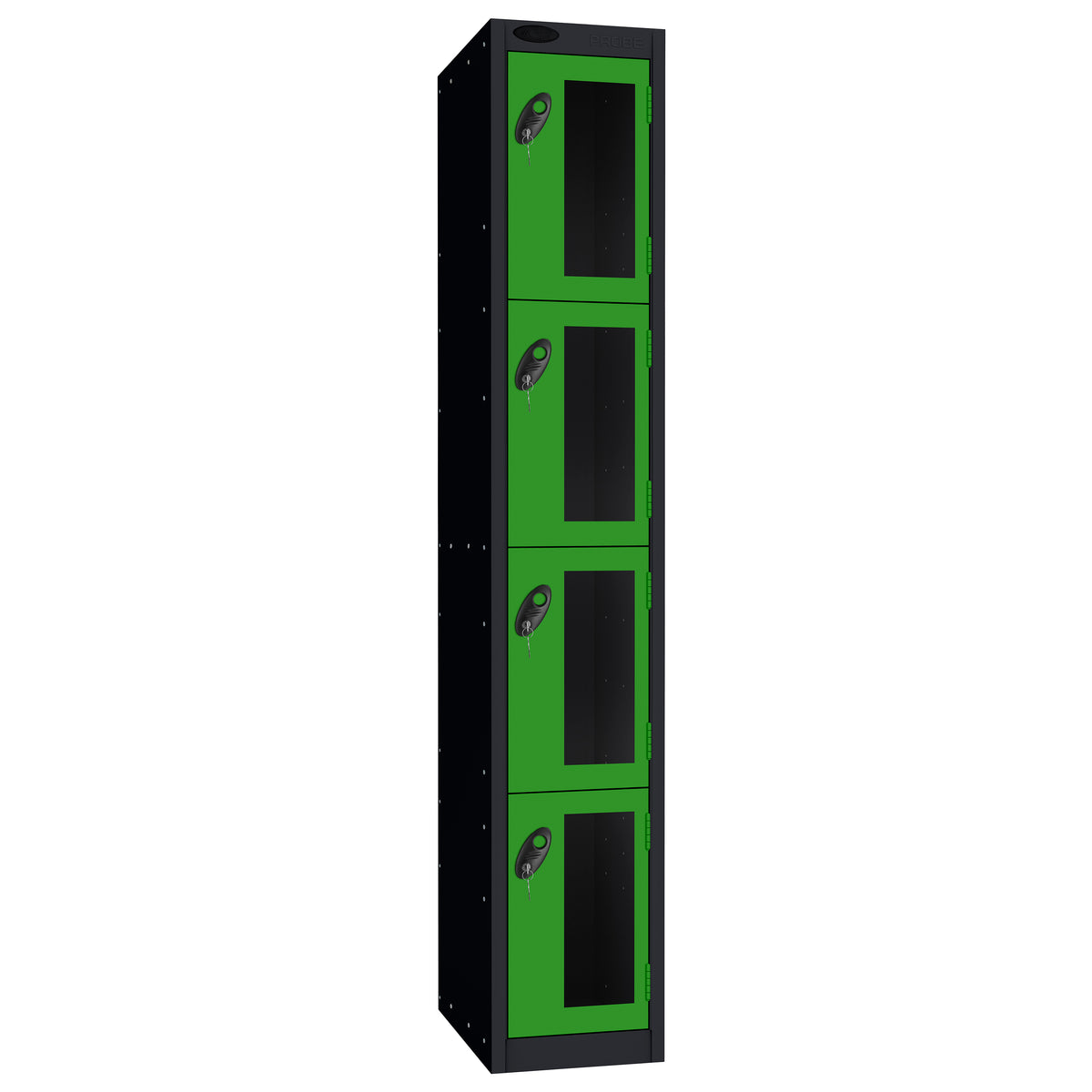 Probe Vision Panel Metric Locker — 4 Door, Flat Top, 300mm — Black Carcass / Green Doors