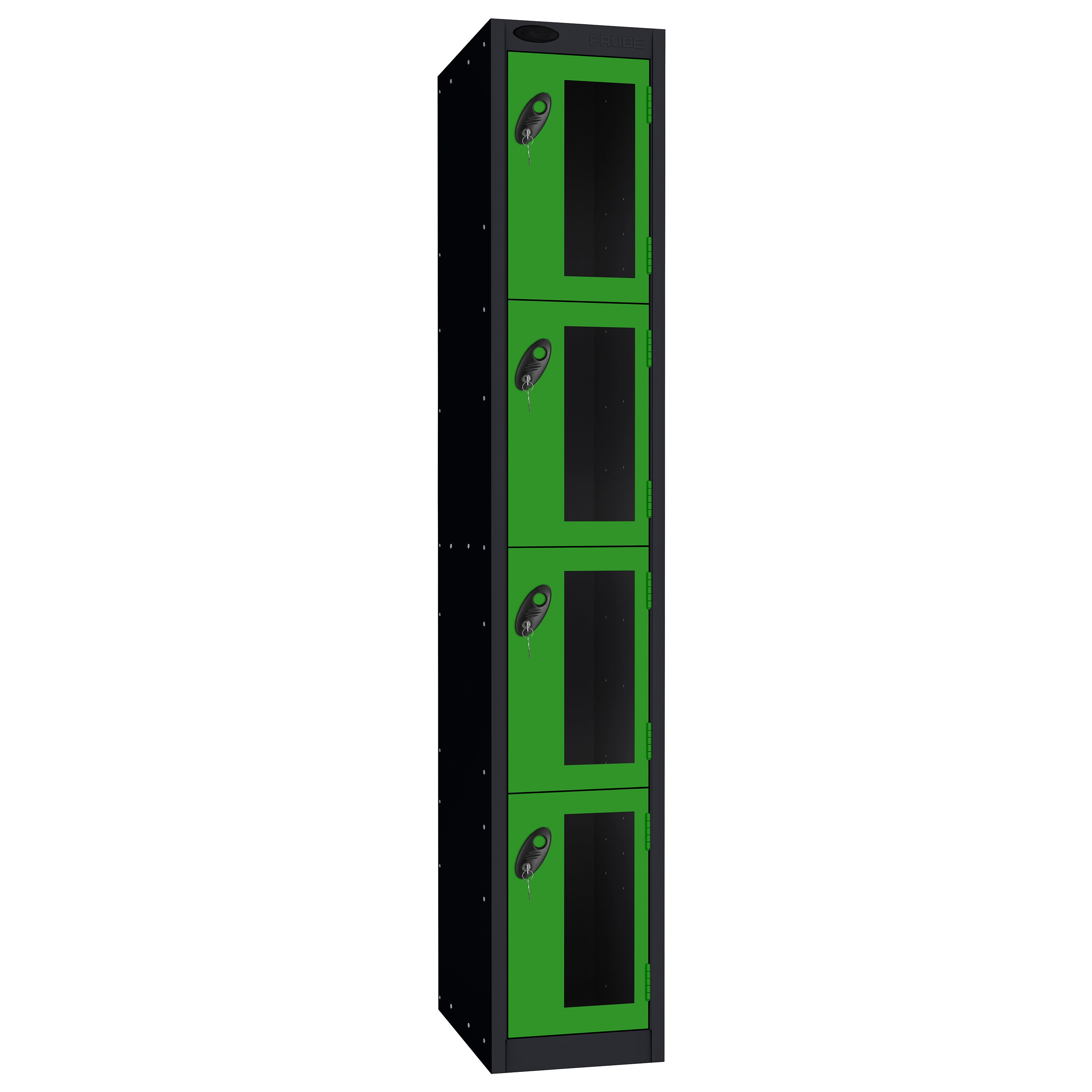 Probe Vision Panel Metric Locker — 4 Door, Flat Top, 300mm — Black Carcass / Green Doors