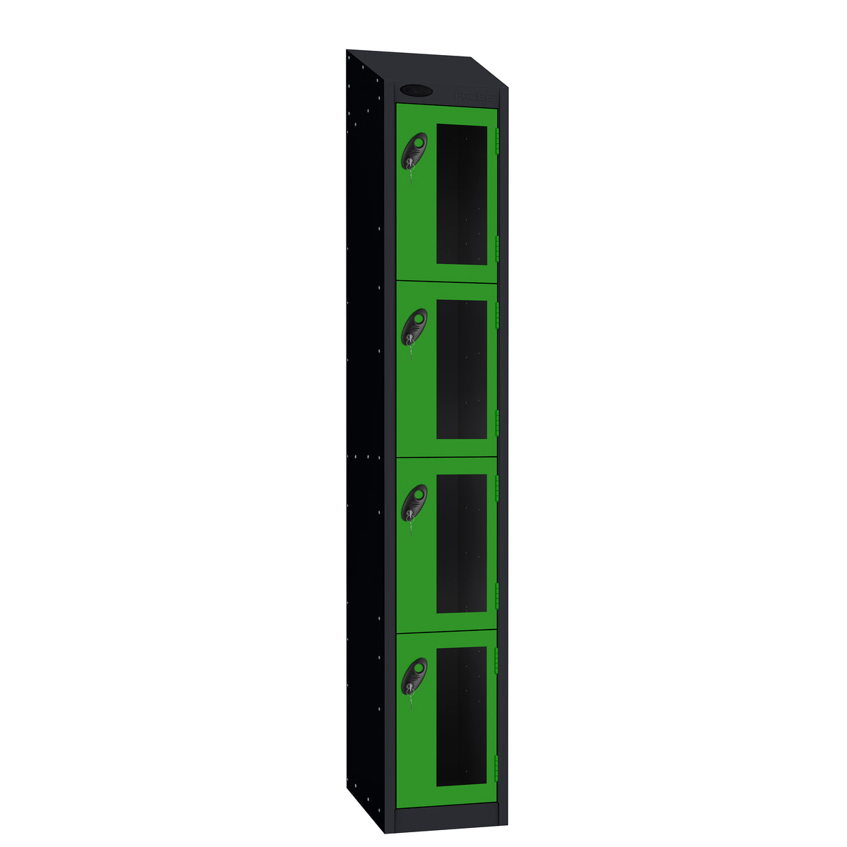 Probe Vision Panel Metric Locker — 4 Door, Sloping Top, 300mm — Black Carcass / Green Doors