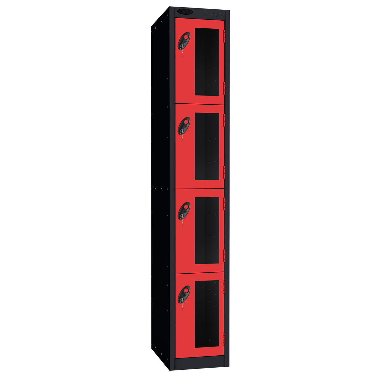 Probe Vision Panel Metric Locker — 4 Door, Flat Top, 300mm — Black Carcass / Red Doors
