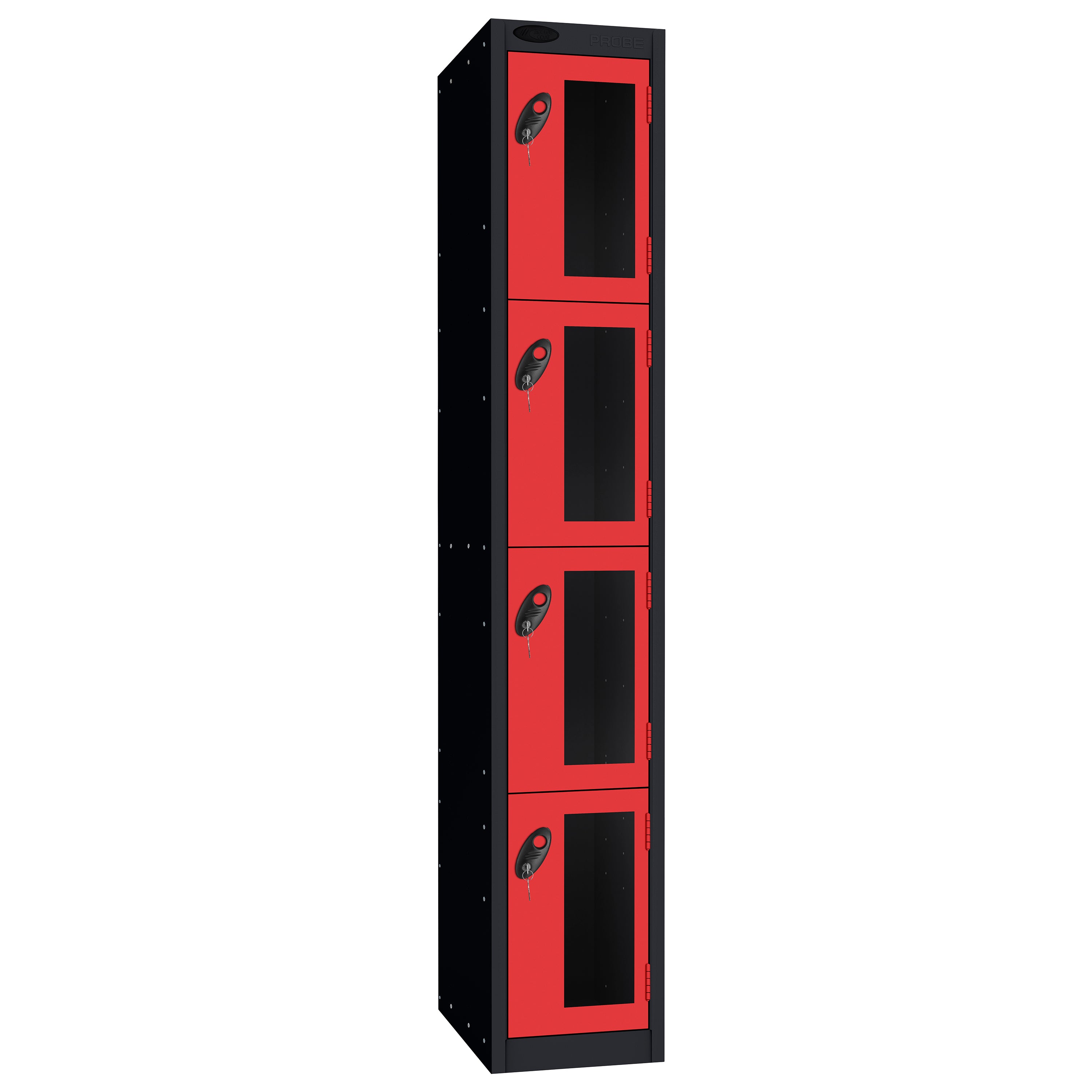 Probe Vision Panel Metric Locker — 4 Door, Flat Top, 300mm — Black Carcass / Red Doors