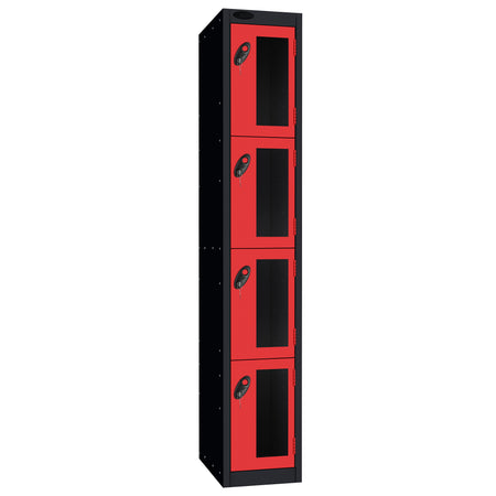 Probe Vision Panel Metric Locker — 4 Door, Flat Top, 300mm — Black Carcass / Red Doors