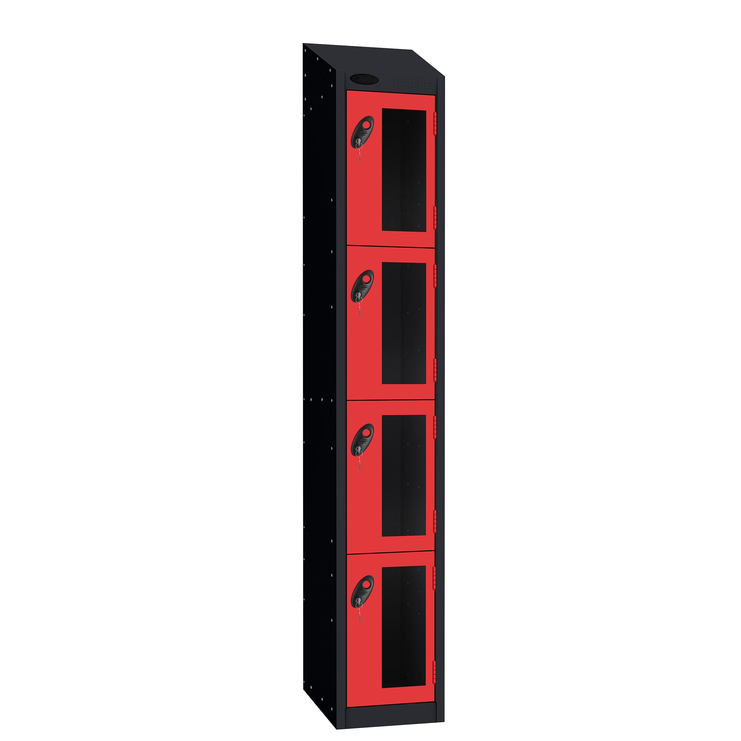 Probe Vision Panel Metric Locker — 4 Door, Wide Format (380-450mm) — Black Carcass / Red Doors