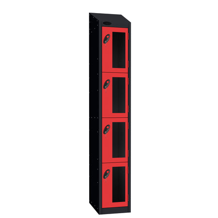 Probe Vision Panel Metric Locker — 4 Door, Sloping Top, 300mm — Black Carcass / Red Doors