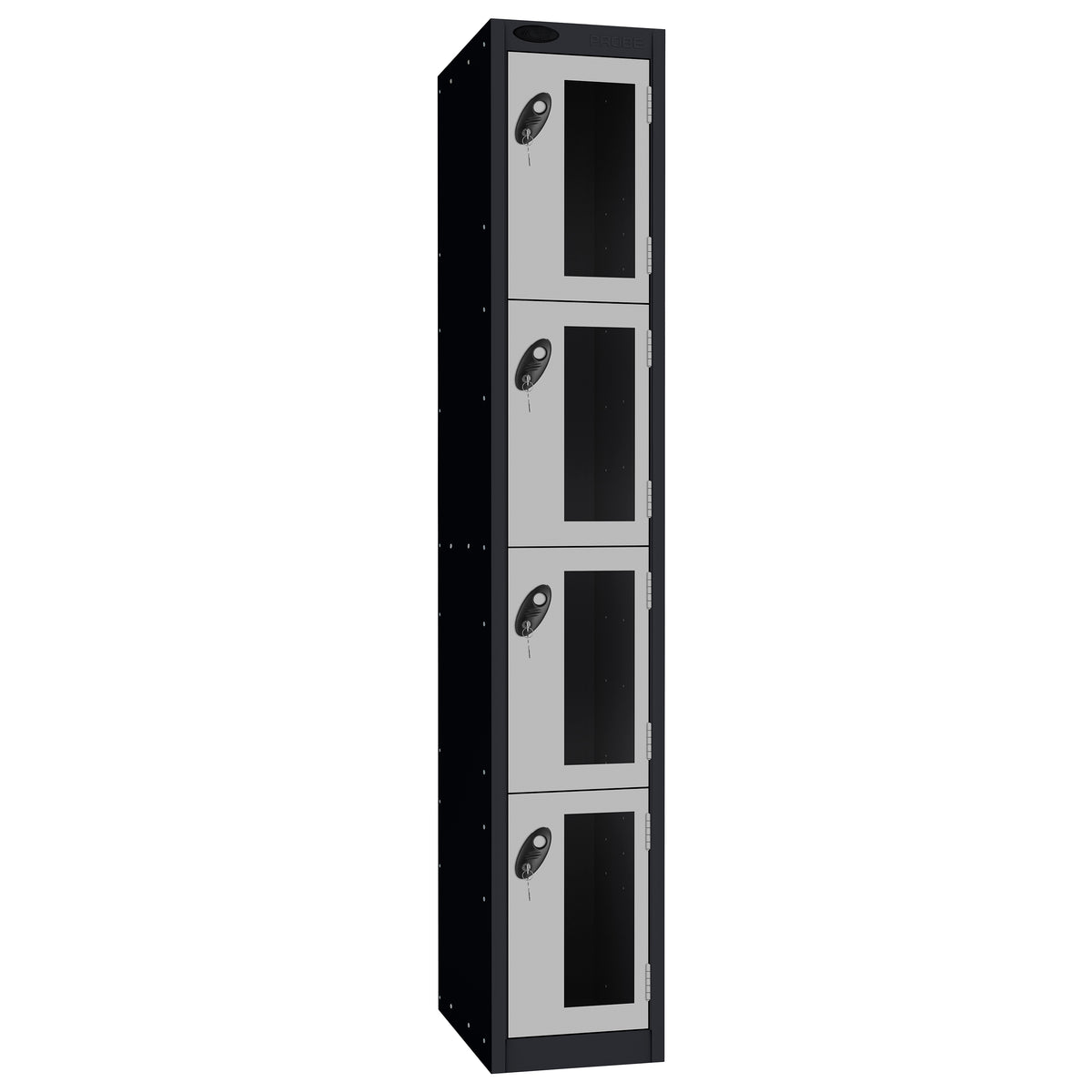 Probe Vision Panel Metric Locker — 4 Door, Flat Top, 300mm — Black Carcass / Silver Doors