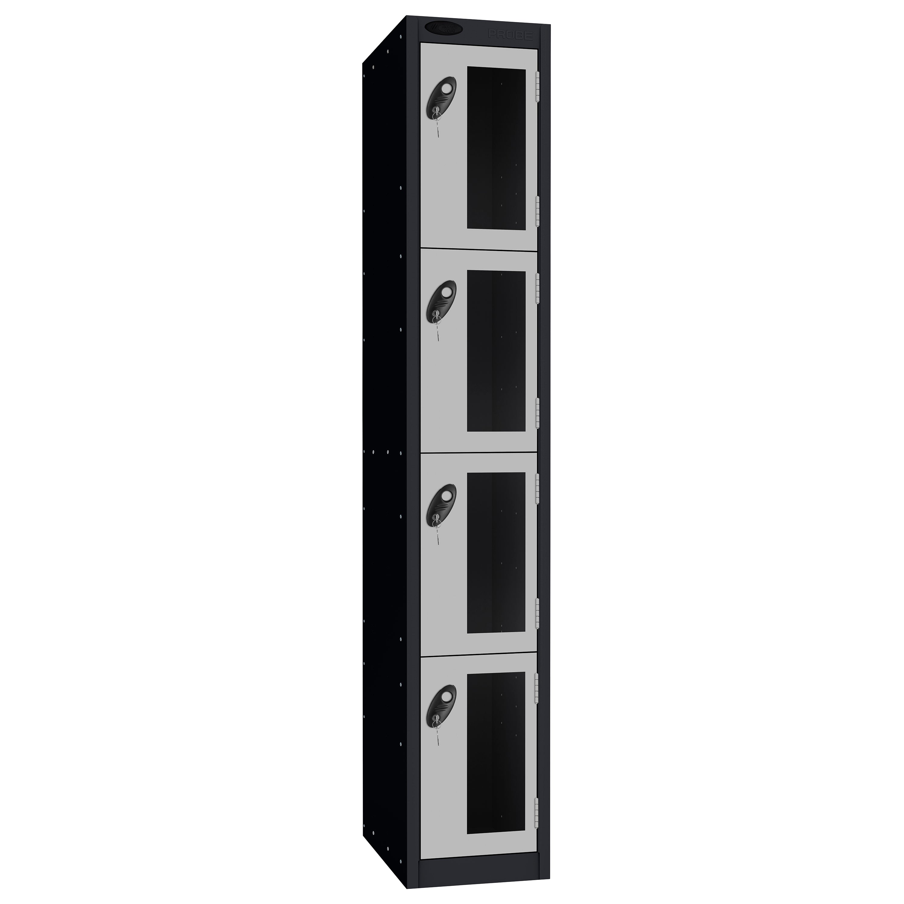 Probe Vision Panel Metric Locker — 4 Door, Flat Top, 300mm — Black Carcass / Silver Doors