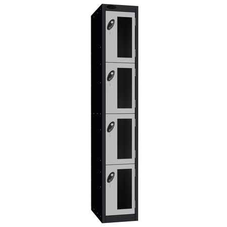 Probe Vision Panel Metric Locker — 4 Door, Flat Top, 300mm — Black Carcass / Silver Doors