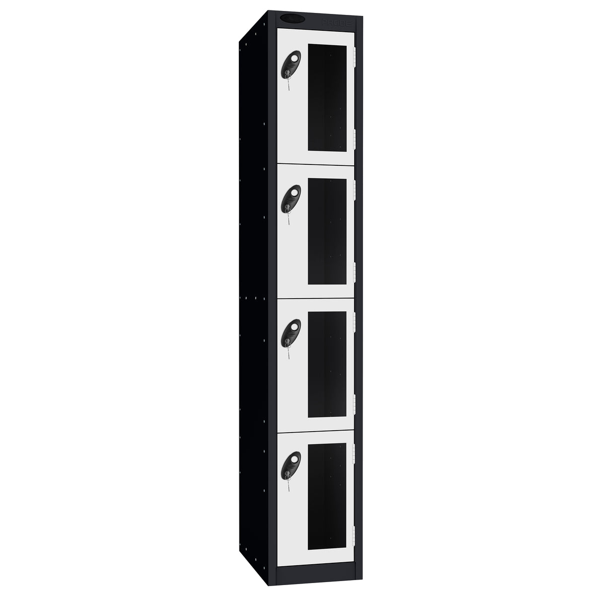 Probe Vision Panel Metric Locker — 4 Door, Flat Top, 300mm — Black Carcass / White Doors