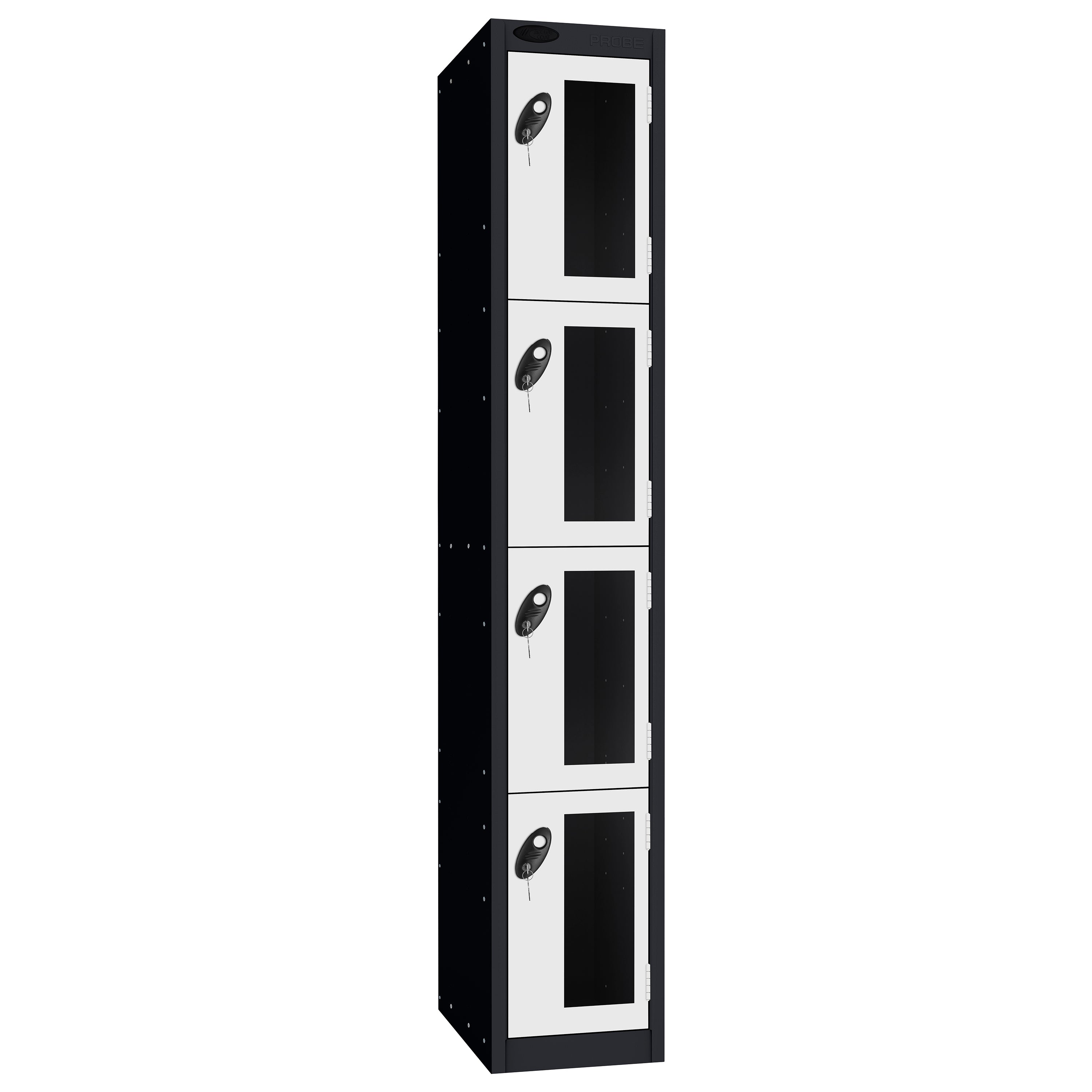 Probe Vision Panel Metric Locker — 4 Door, Flat Top, 300mm — Black Carcass / White Doors