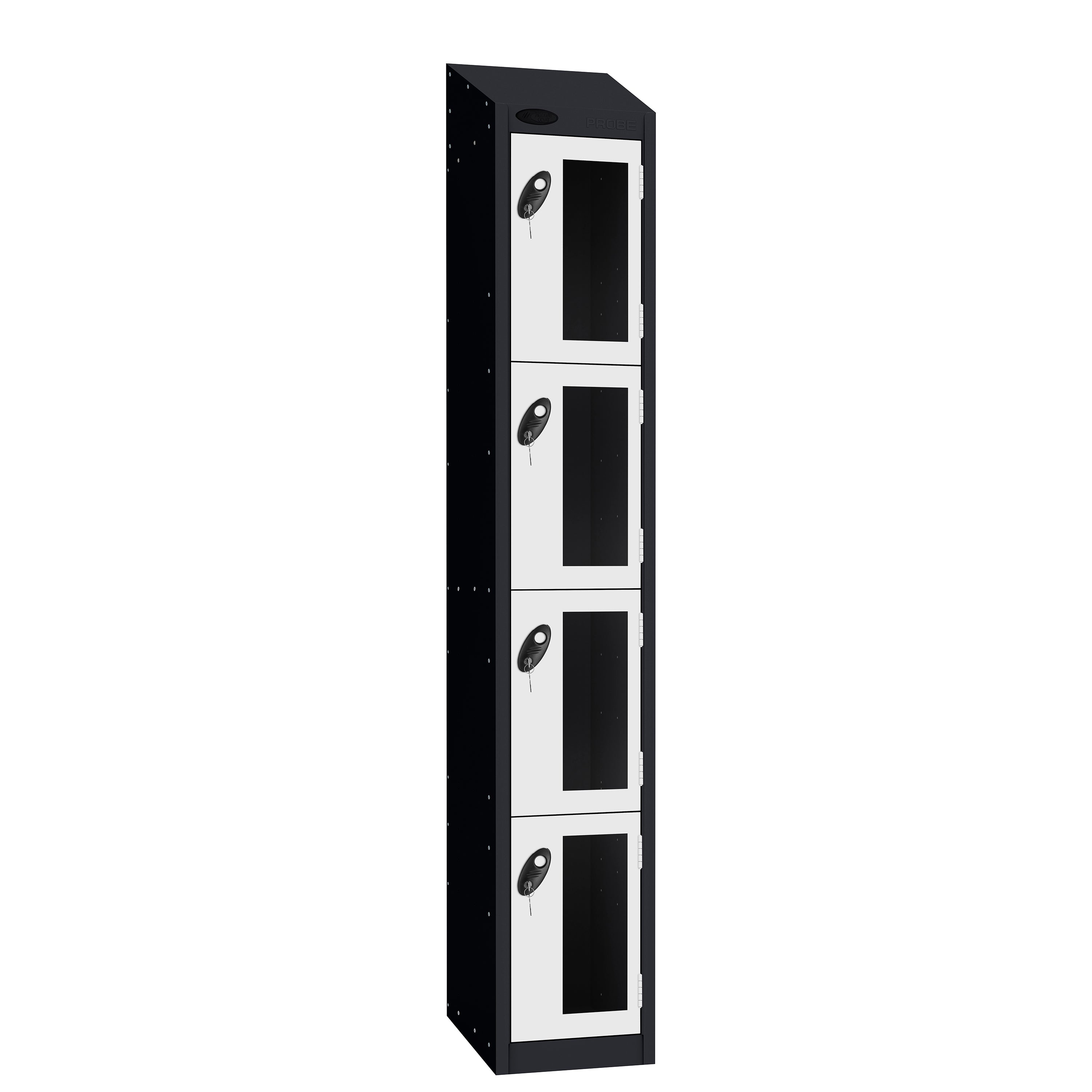 Probe Vision Panel Metric Locker — 4 Door, Sloping Top, 300mm — Black Carcass / White Doors