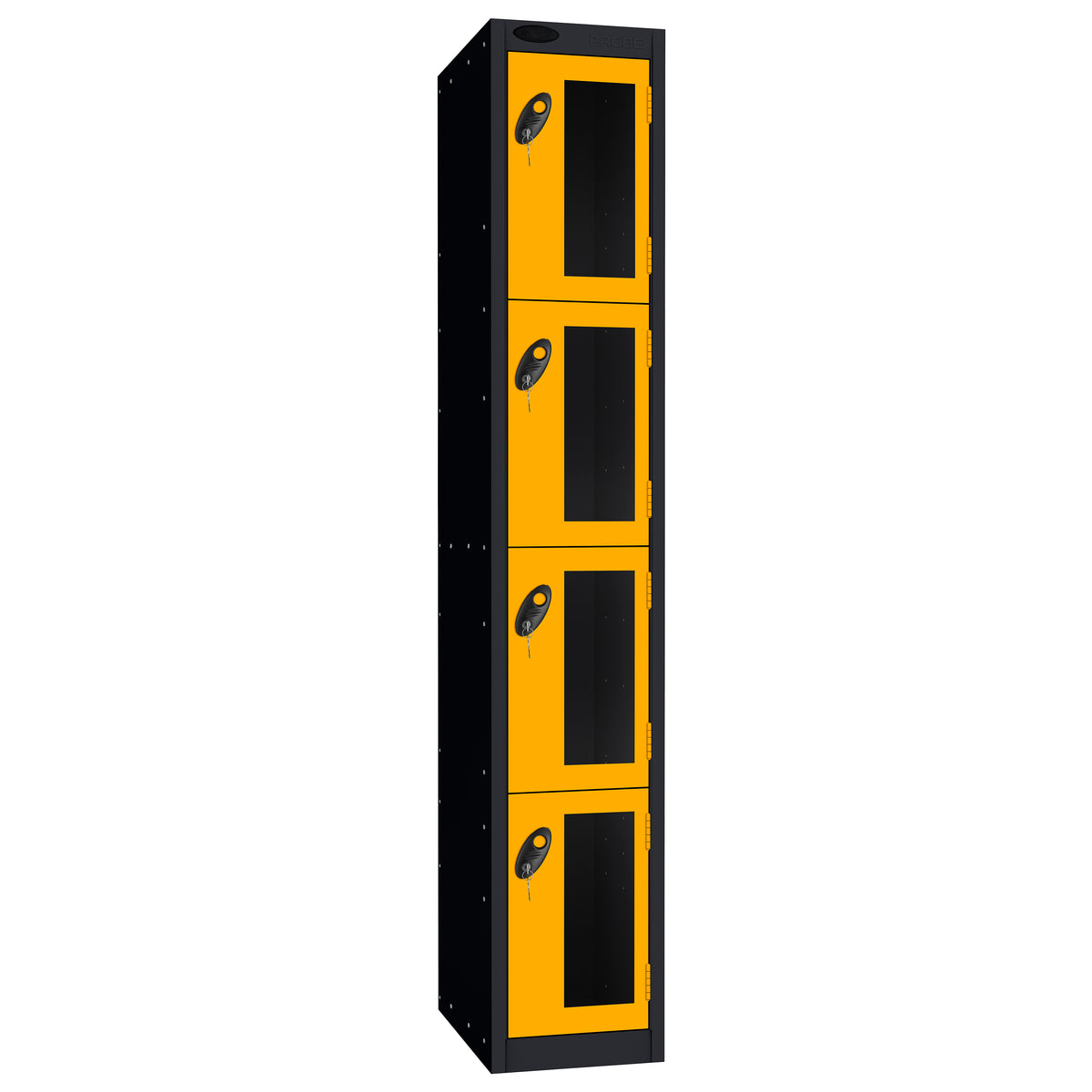 Probe Vision Panel Metric Locker — 4 Door, Flat Top, 300mm — Black Carcass / Yellow Doors