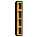 Probe Vision Panel Metric Locker — 4 Door, Flat Top, 300mm — Black Carcass / Yellow Doors