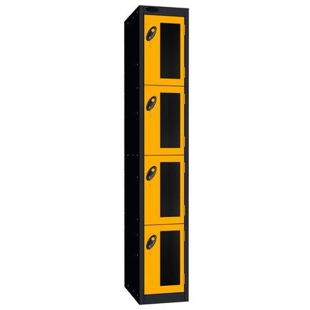 Probe Vision Panel Metric Locker — 4 Door, Flat Top, 300mm — Black Carcass / Yellow Doors