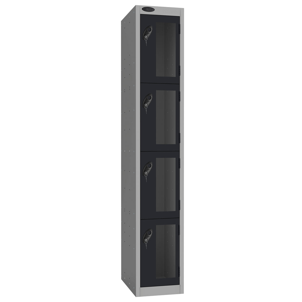 Probe Vision Panel Metric Locker — 4 Door, Flat Top, 300mm — Silver Carcass / Black Doors