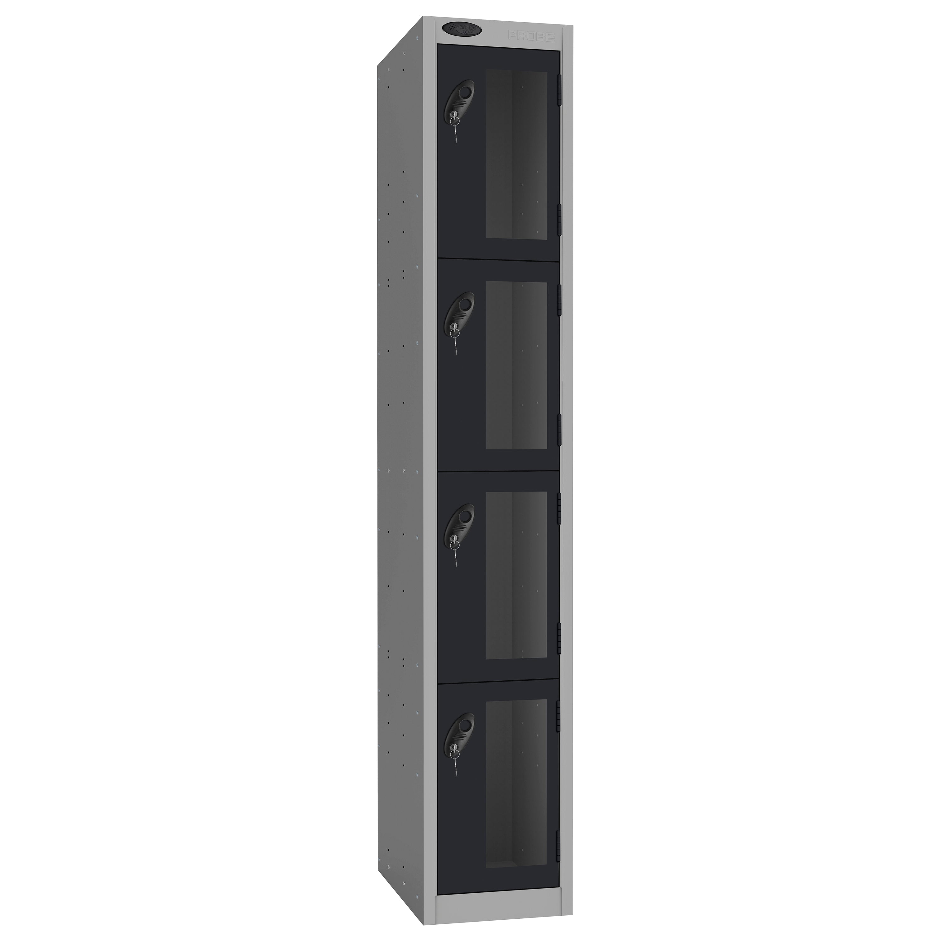 Probe Vision Panel Metric Locker — 4 Door, Flat Top, 300mm — Silver Carcass / Black Doors