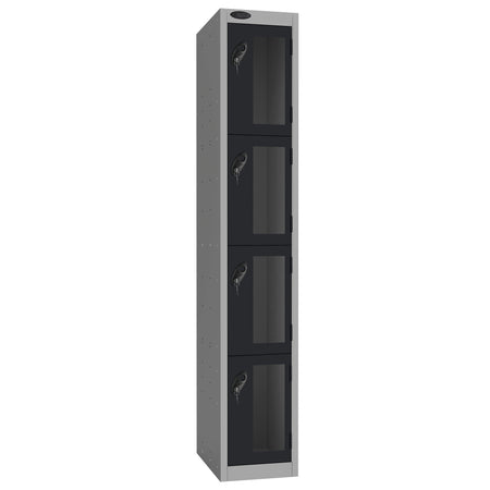 Probe Vision Panel Metric Locker — 4 Door, Flat Top, 300mm — Silver Carcass / Black Doors
