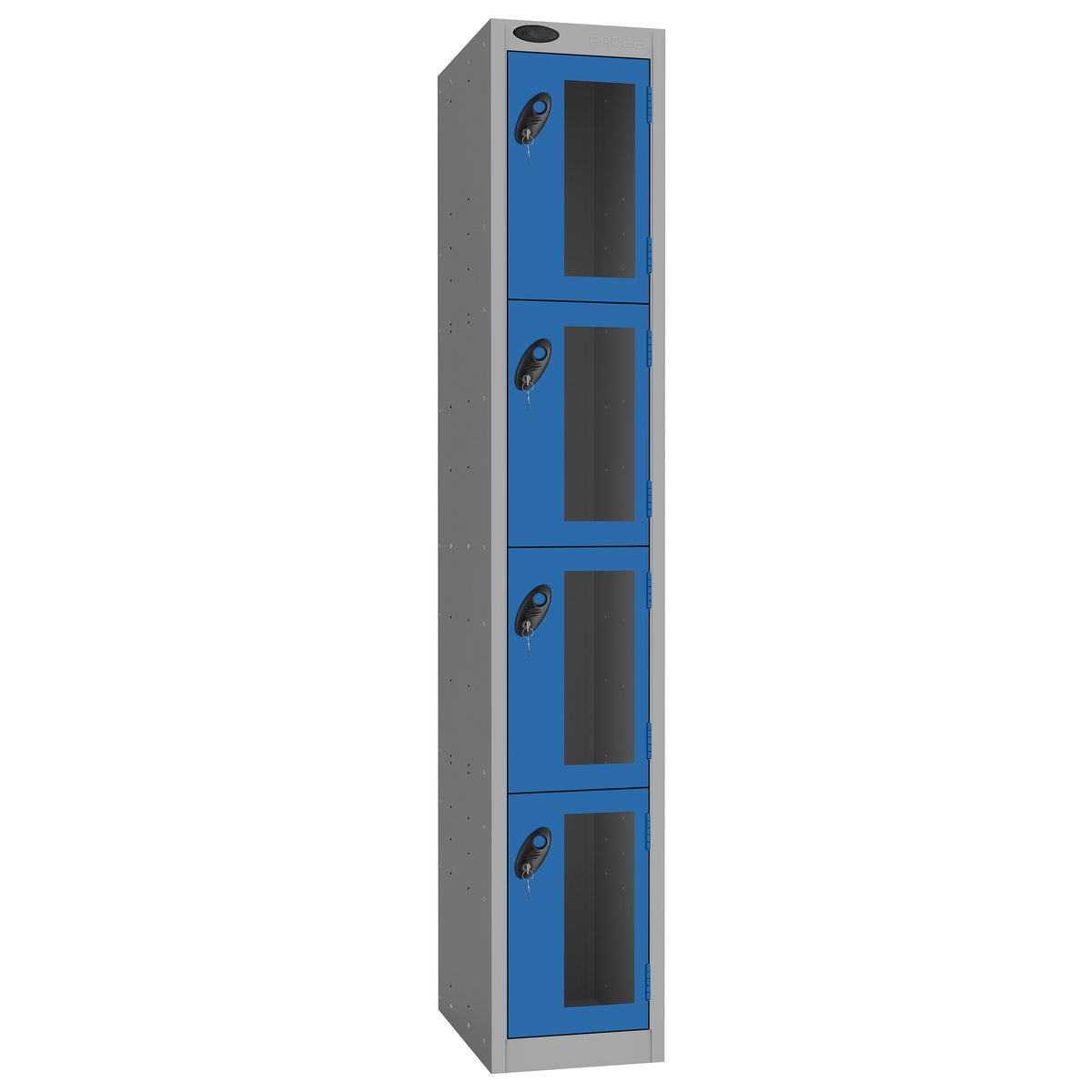 Probe Vision Panel Metric Locker — 4 Door, Flat Top, 300mm — Silver Carcass / Blue Doors