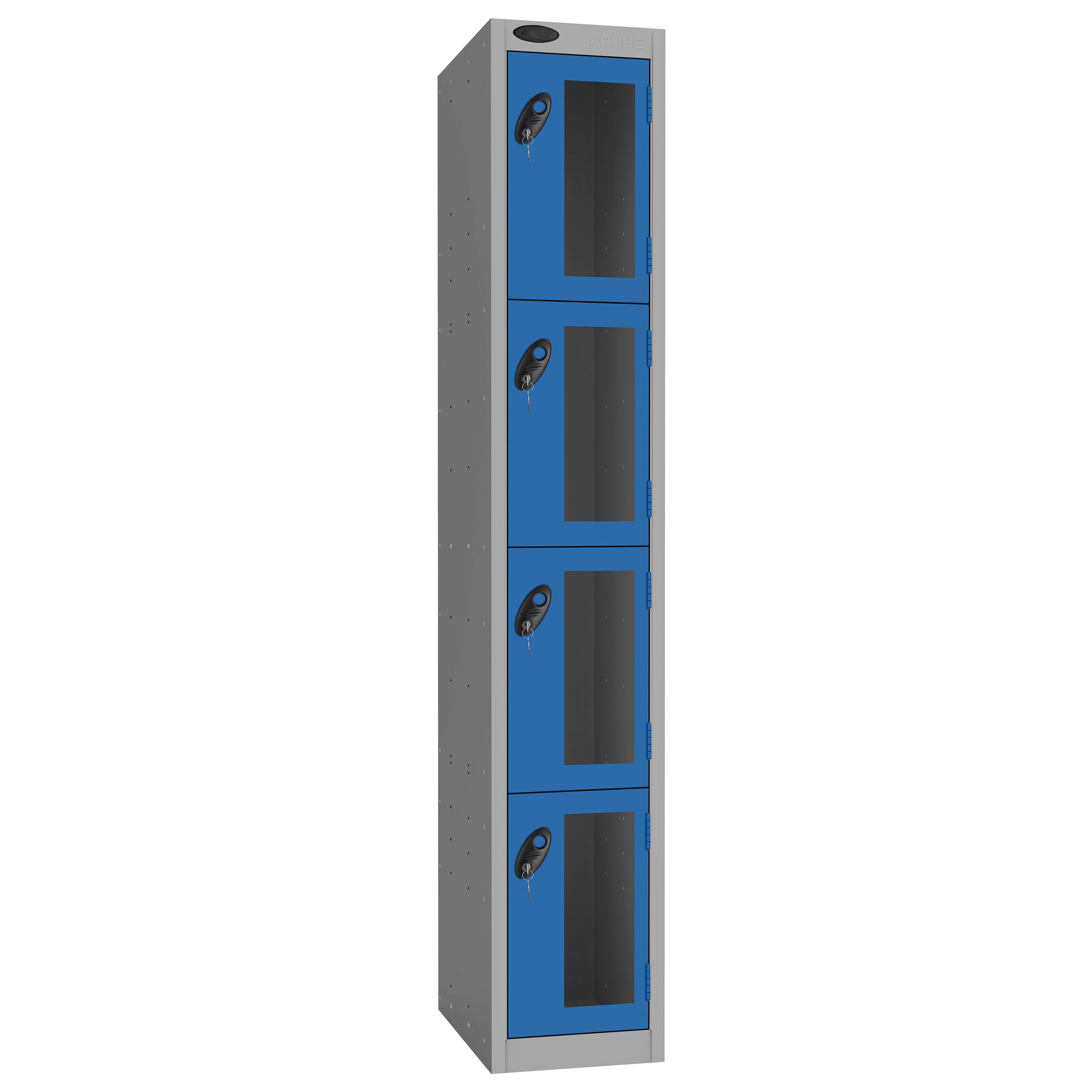 Probe Vision Panel Metric Locker — 4 Door, Flat Top, 300mm — Silver Carcass / Blue Doors