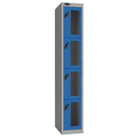 Probe Vision Panel Metric Locker — 4 Door, Flat Top, 300mm — Silver Carcass / Blue Doors