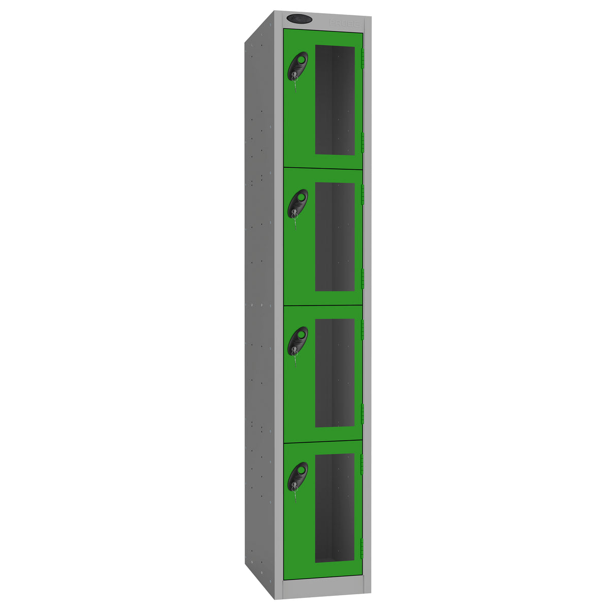 Probe Vision Panel Metric Locker — 4 Door, Flat Top, 300mm — Silver Carcass / Green Doors