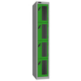 Probe Vision Panel Metric Locker — 4 Door, Flat Top, 300mm — Silver Carcass / Green Doors