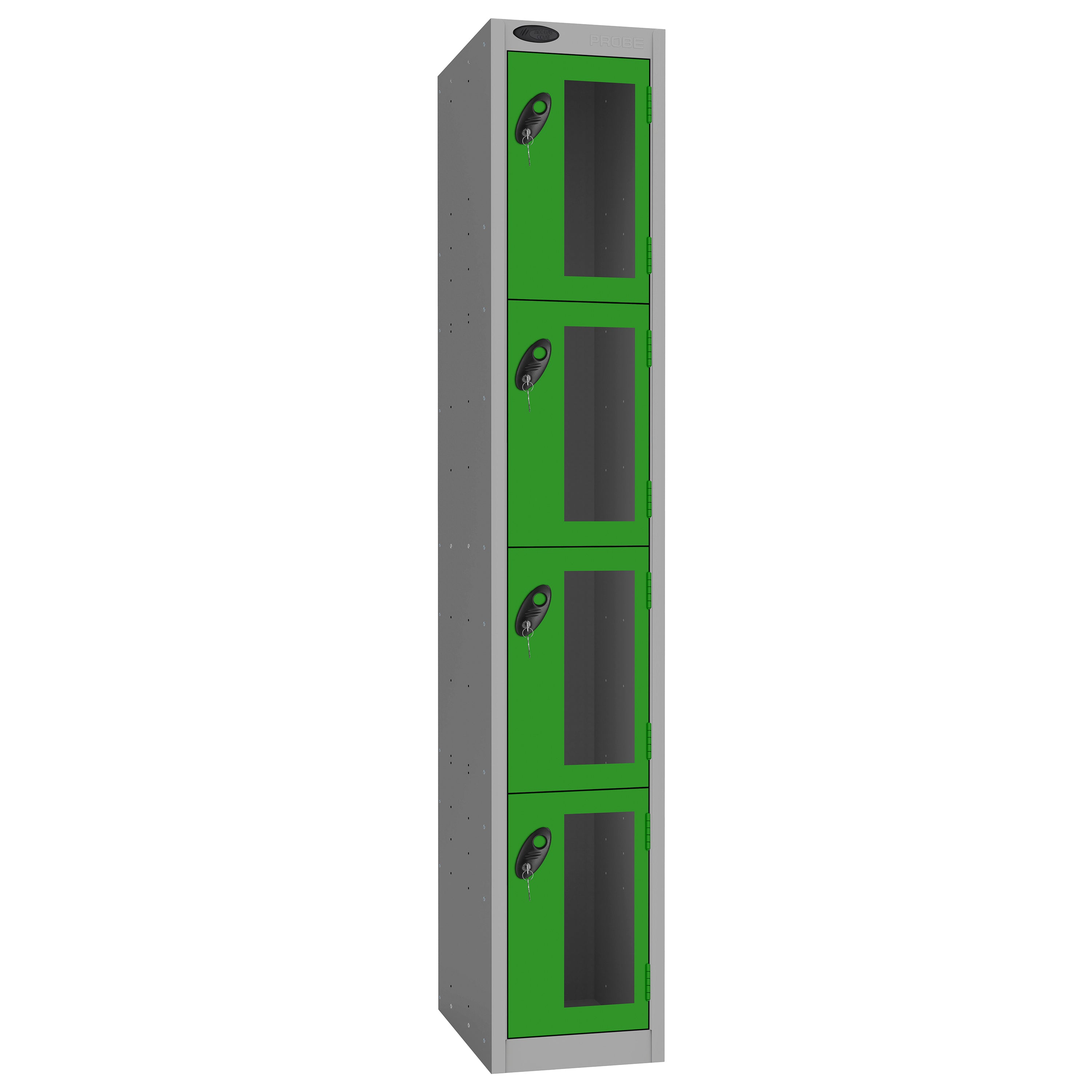 Probe Vision Panel Metric Locker — 4 Door, Flat Top, 300mm — Silver Carcass / Green Doors