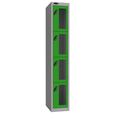 Probe Vision Panel Metric Locker — 4 Door, Flat Top, 300mm — Silver Carcass / Green Doors