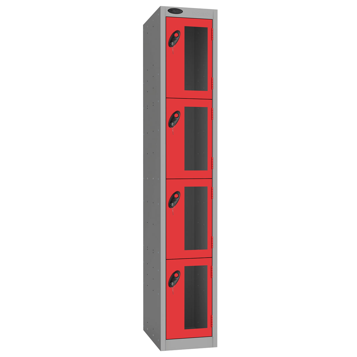 Probe Vision Panel Metric Locker — 4 Door, Flat Top, 300mm — Silver Carcass / Red Doors