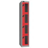 Probe Vision Panel Metric Locker — 4 Door, Flat Top, 300mm — Silver Carcass / Red Doors