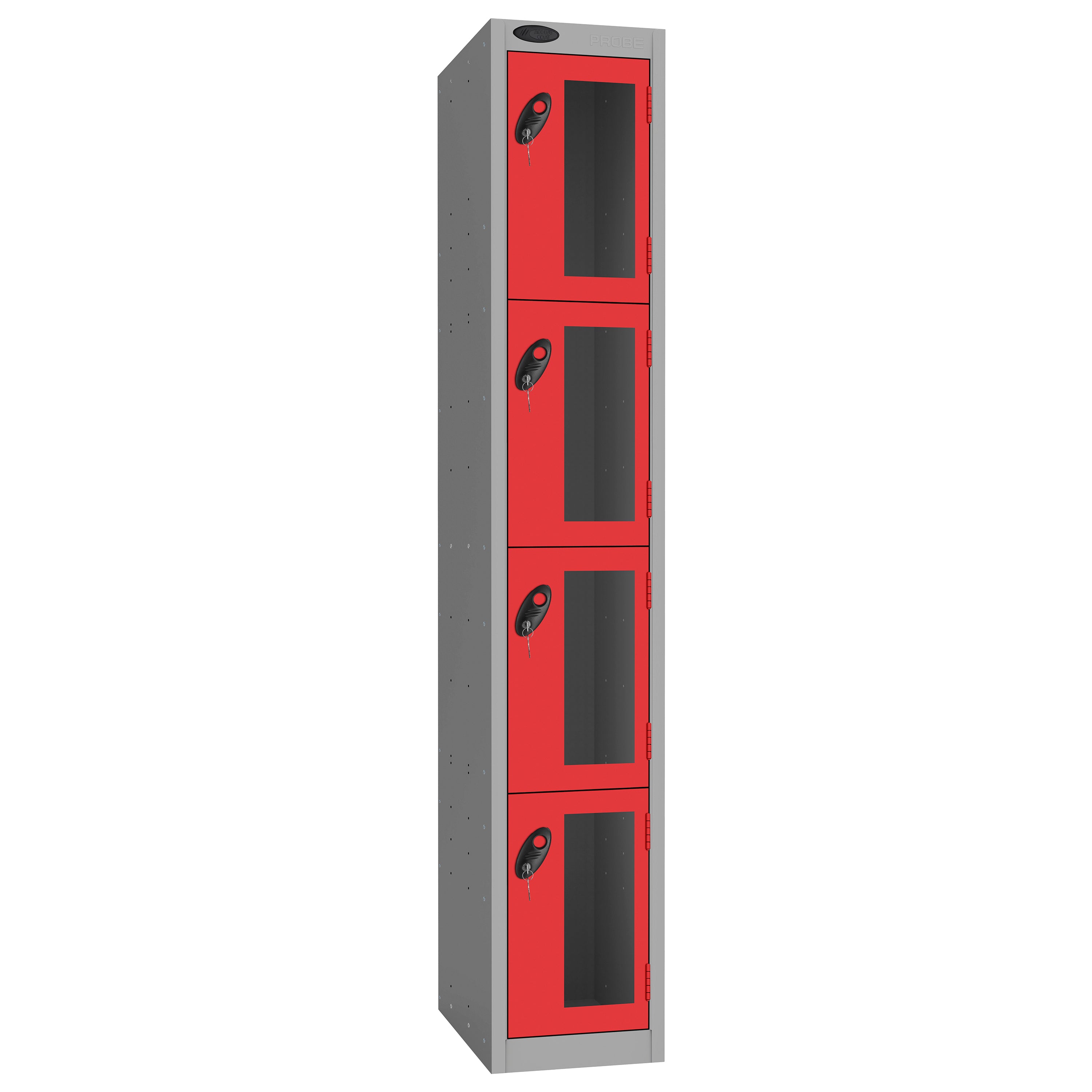 Probe Vision Panel Metric Locker — 4 Door, Flat Top, 300mm — Silver Carcass / Red Doors