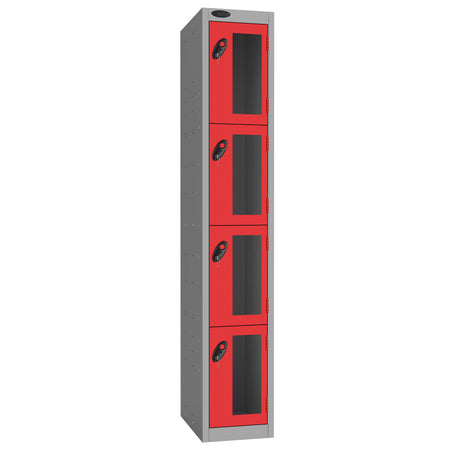 Probe Vision Panel Metric Locker — 4 Door, Flat Top, 300mm — Silver Carcass / Red Doors