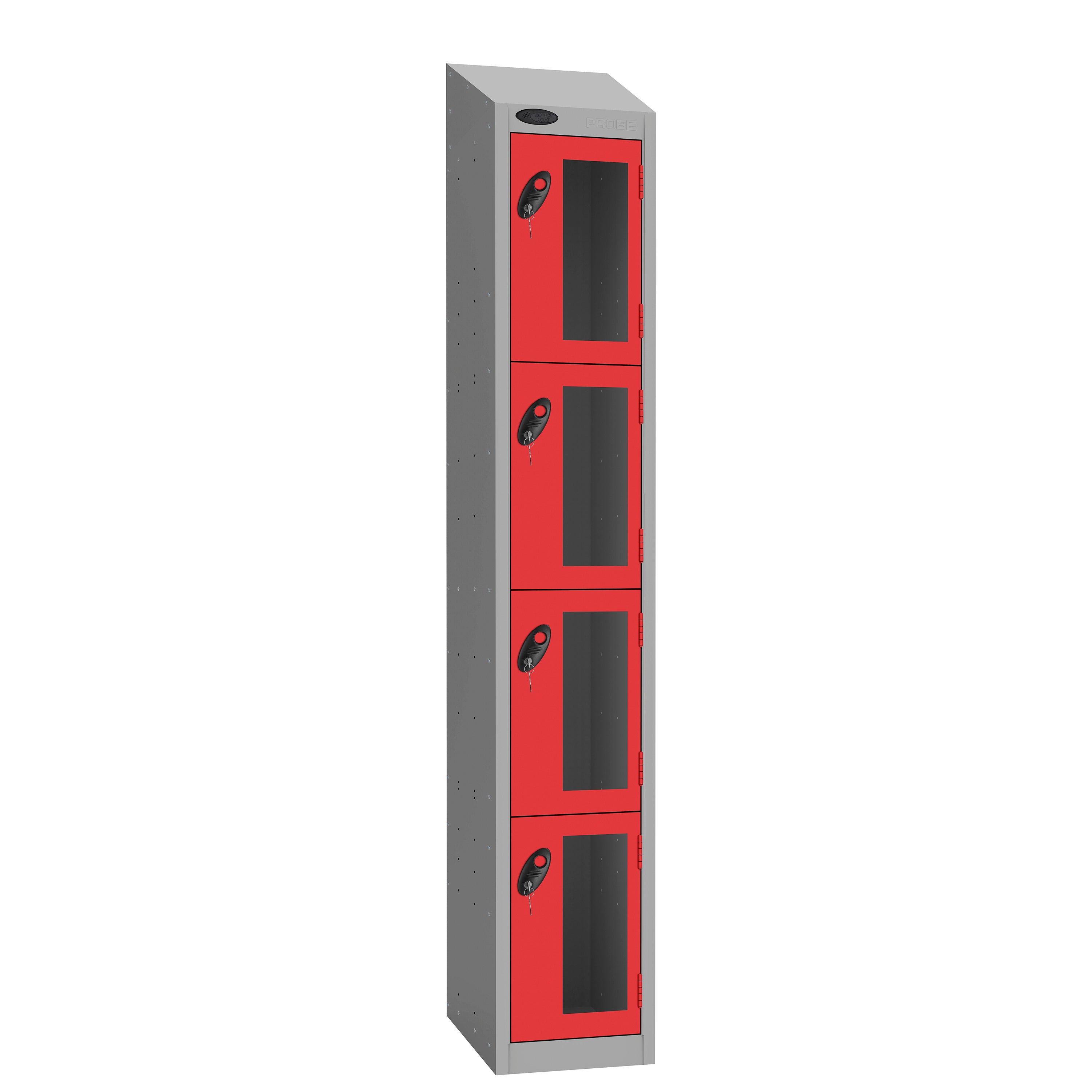 Probe Vision Panel Metric Locker — 4 Door, Wide Format (380-450mm) — Silver Carcass / Red Doors