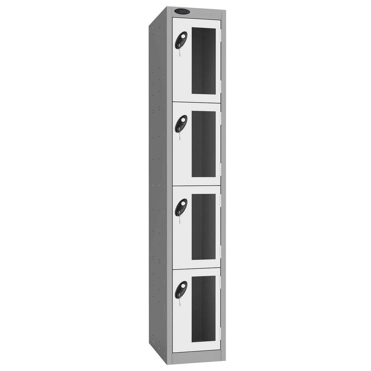 Probe Vision Panel Metric Locker — 4 Door, Flat Top, 300mm — Silver Carcass / White Doors