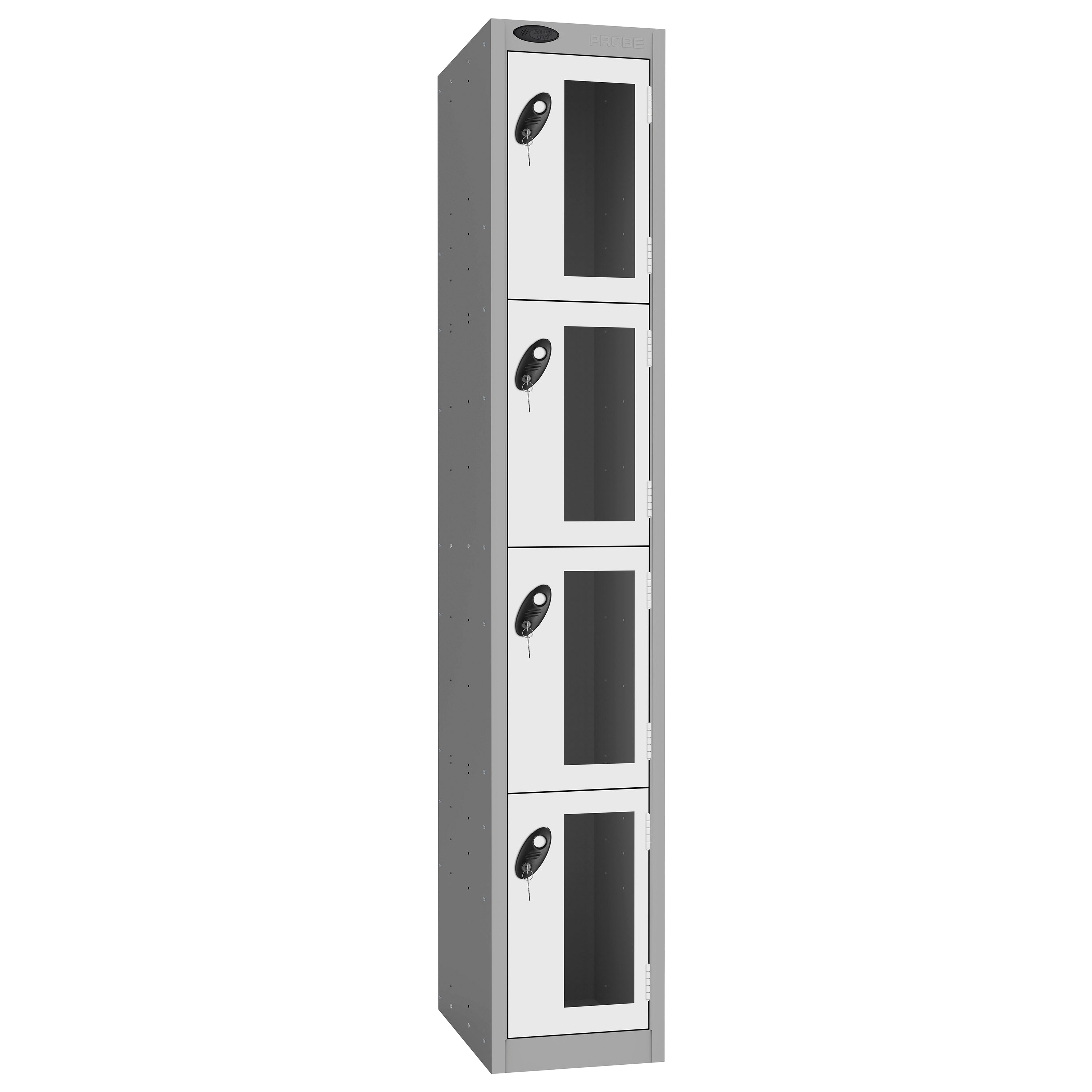 Probe Vision Panel Metric Locker — 4 Door, Flat Top, 300mm — Silver Carcass / White Doors