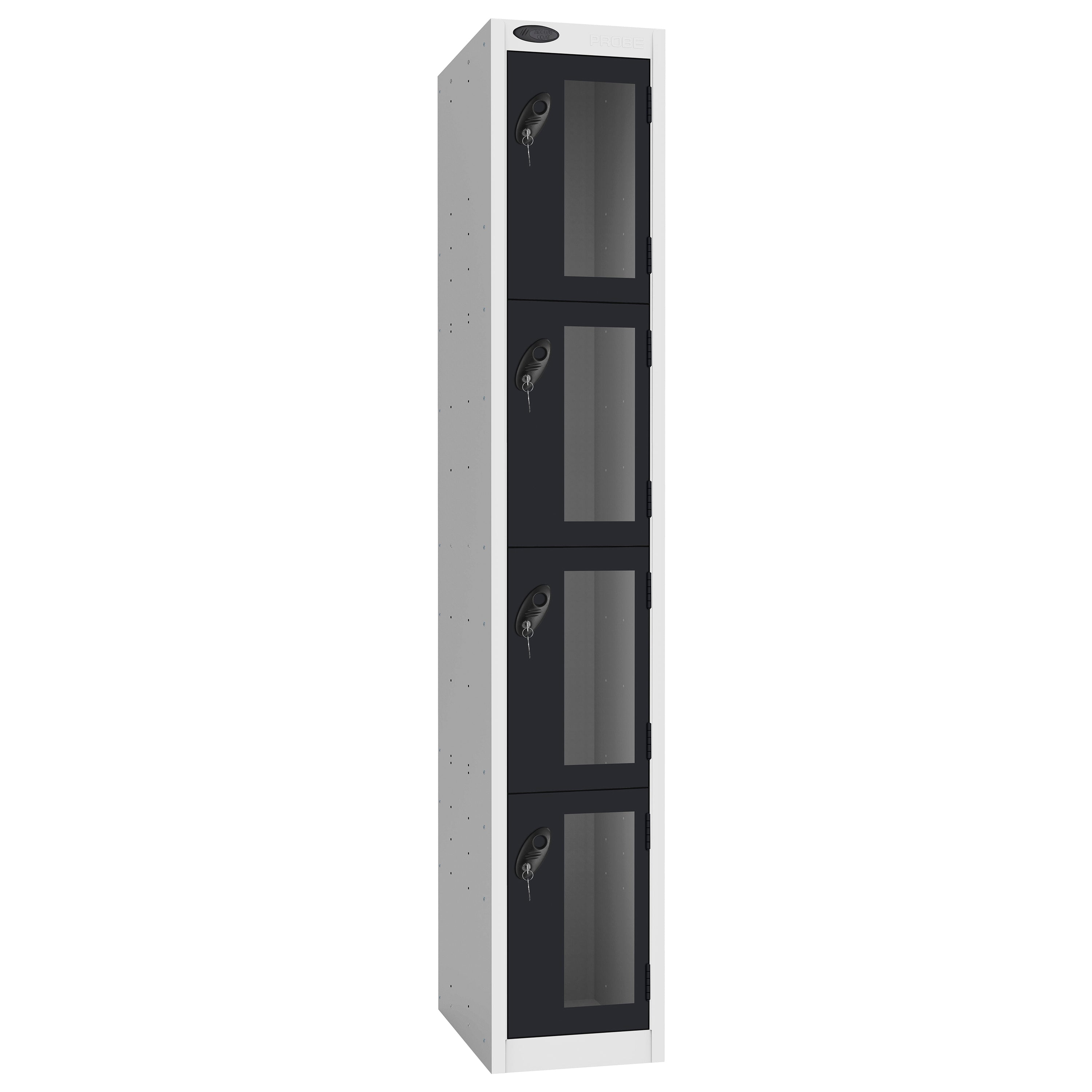 Probe Vision Panel Metric Locker — 4 Door, Flat Top, 300mm — White Carcass / Black Doors