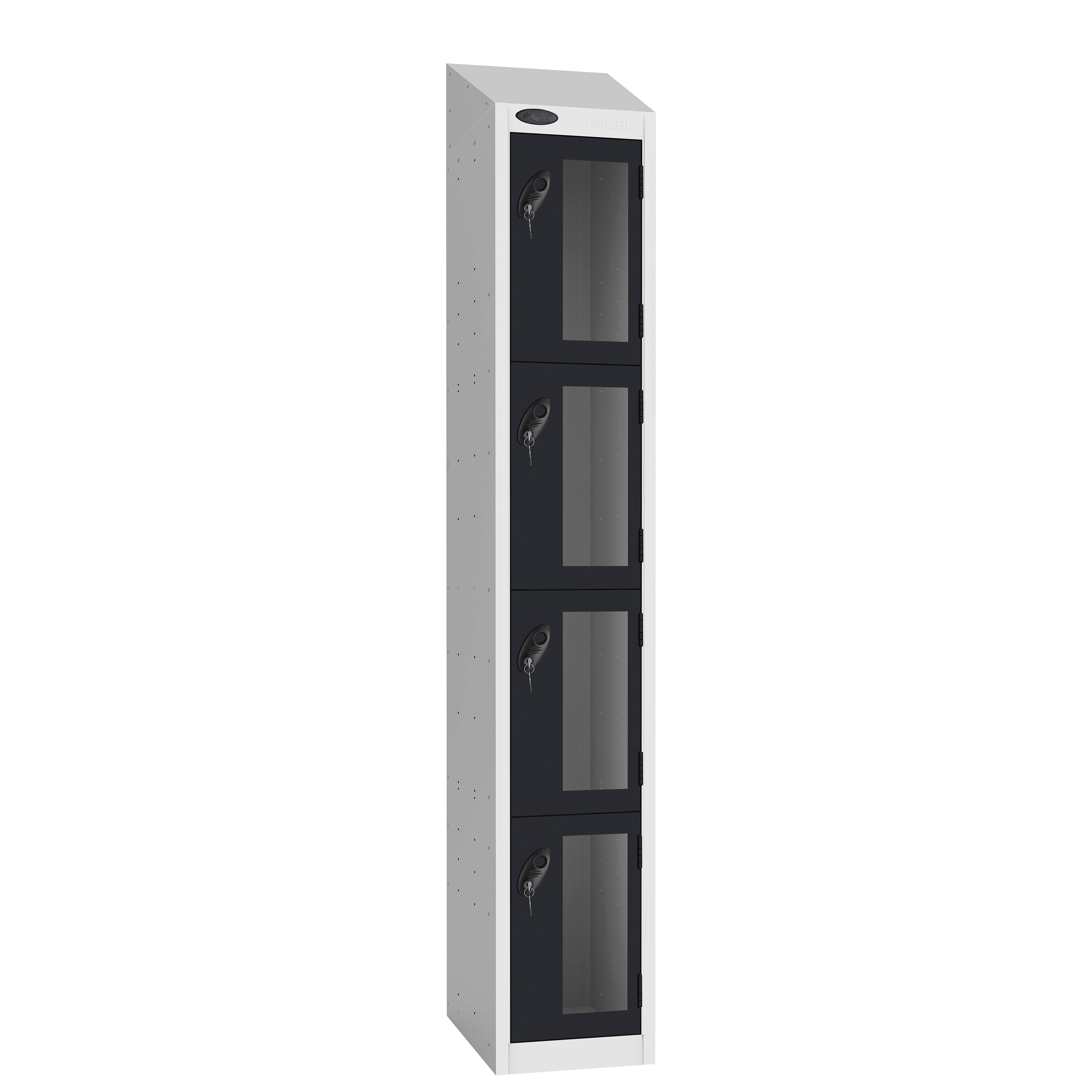 Probe Vision Panel Metric Locker — 4 Door, Sloping Top, 300mm — White Carcass / Black Doors