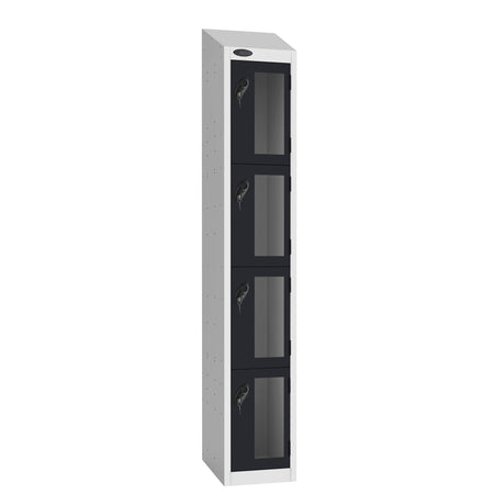 Probe Vision Panel Metric Locker — 4 Door, Sloping Top, 300mm — White Carcass / Black Doors