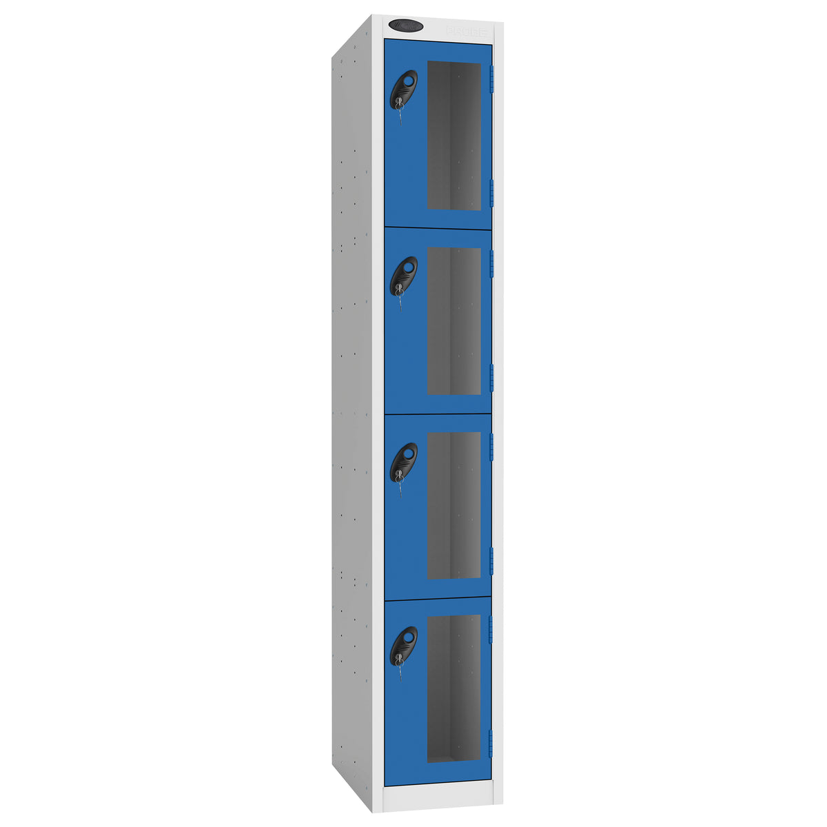 Probe Vision Panel Metric Locker — 4 Door, Flat Top, 300mm — White Carcass / Blue Doors