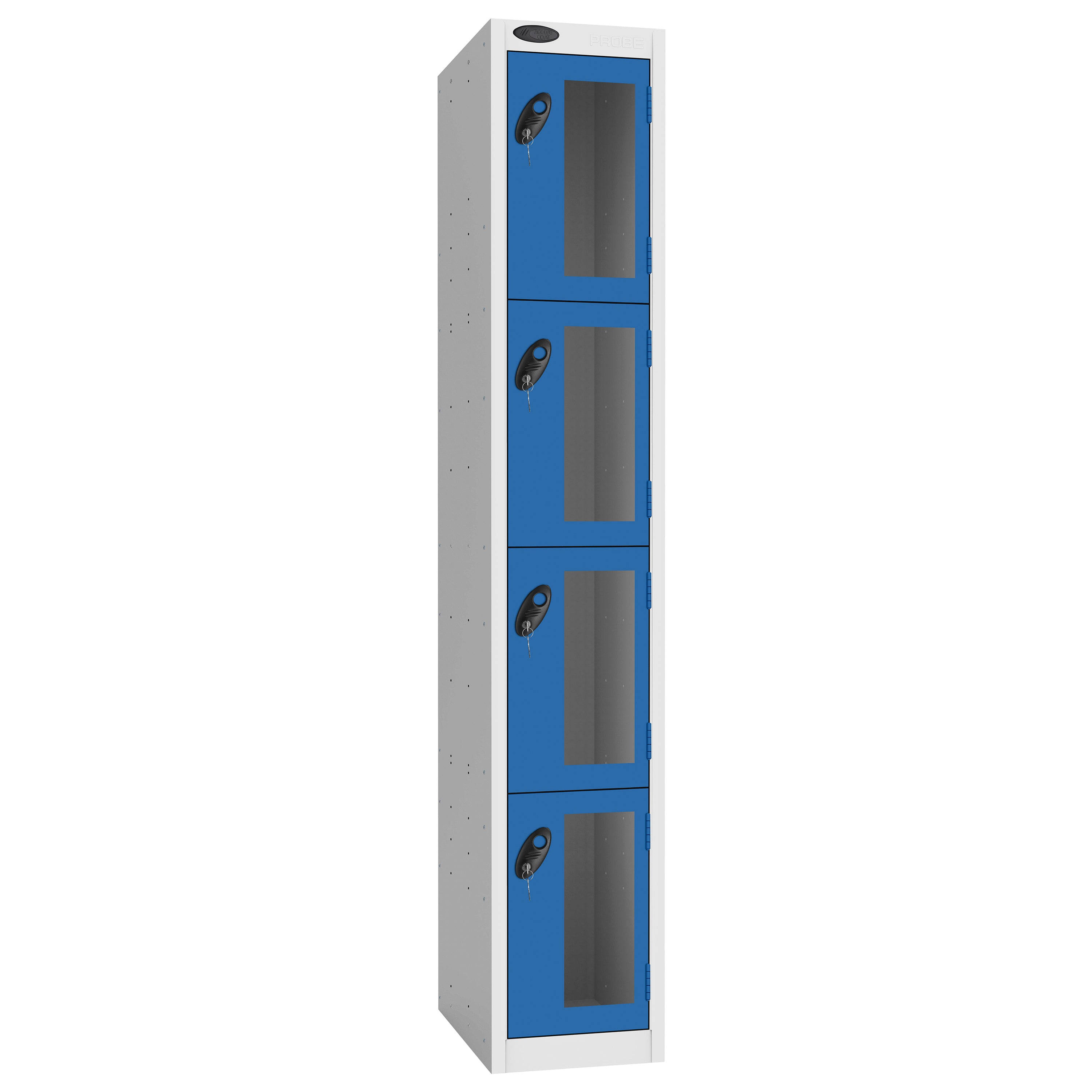 Probe Vision Panel Metric Locker — 4 Door, Flat Top, 300mm — White Carcass / Blue Doors