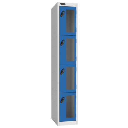 Probe Vision Panel Metric Locker — 4 Door, Flat Top, 300mm — White Carcass / Blue Doors