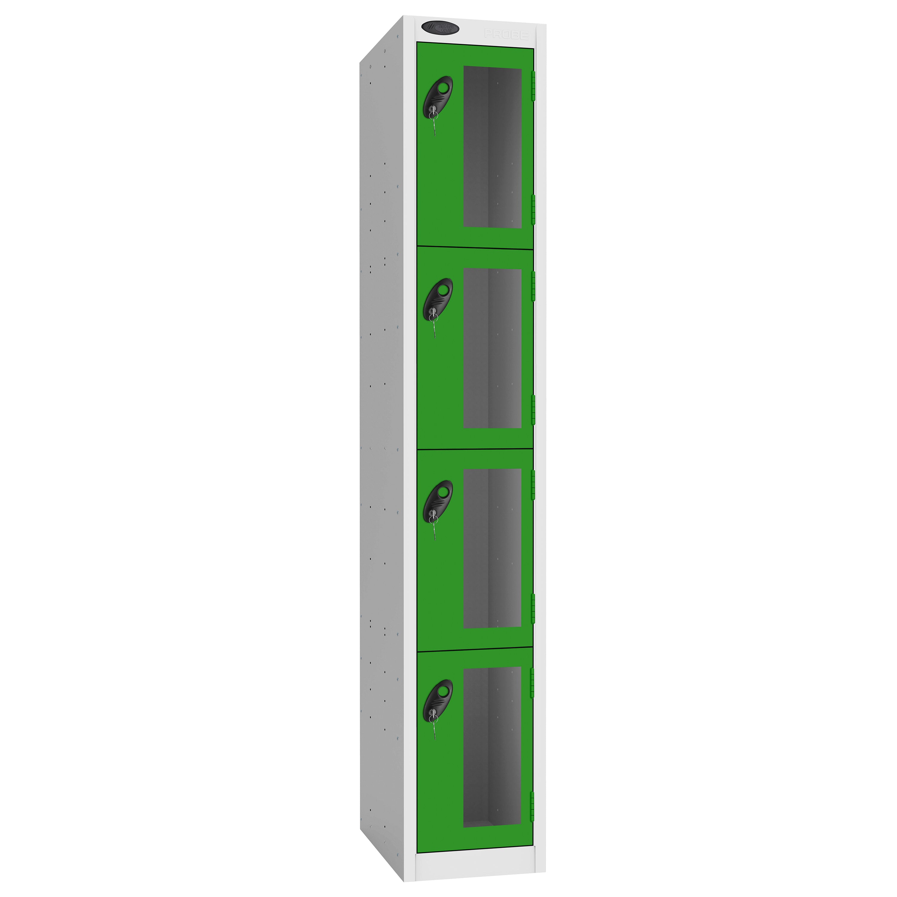 Probe Vision Panel Metric Locker — 4 Door, Flat Top, 300mm — White Carcass / Green Doors
