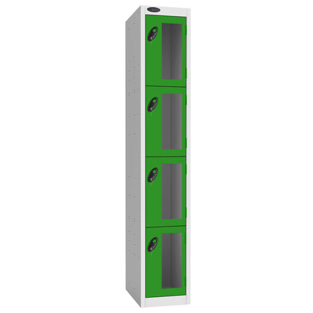 Probe Vision Panel Metric Locker — 4 Door, Flat Top, 300mm — White Carcass / Green Doors