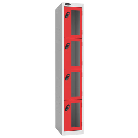 Probe Vision Panel Metric Locker — 4 Door, Flat Top, 300mm — White Carcass / Red Doors