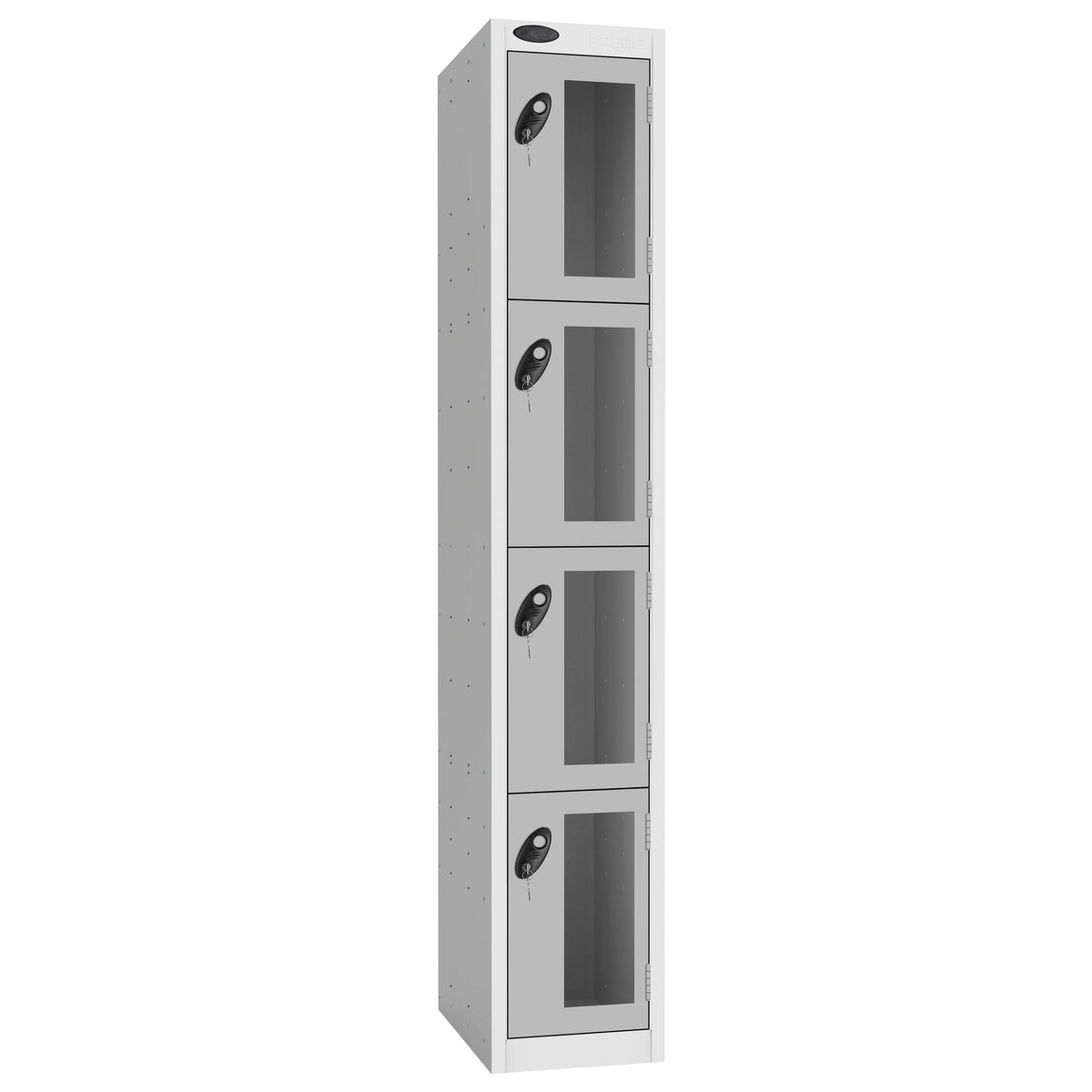 Probe Vision Panel Metric Locker — 4 Door, Flat Top, 300mm — White Carcass / Silver Doors